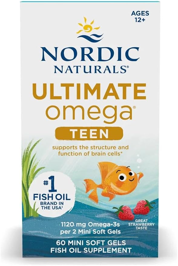 Nordic Naturals Ultimate Omega 2X Teen Strawberry - 60 Mini Soft Gels - 1120 mg Total Omega-3s with EPA &amp DHA - Brain Health Positive Mood Social Development Learning - Non-GMO - 30 Servings
