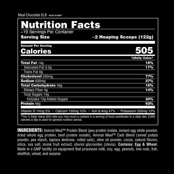 Animal Meal - Protein Shake with Whole Food Ingredients Aids in Muscle Recovery with Egg White Beef &amp Pea Protein Blend Chocolate Flavor 5 lbs