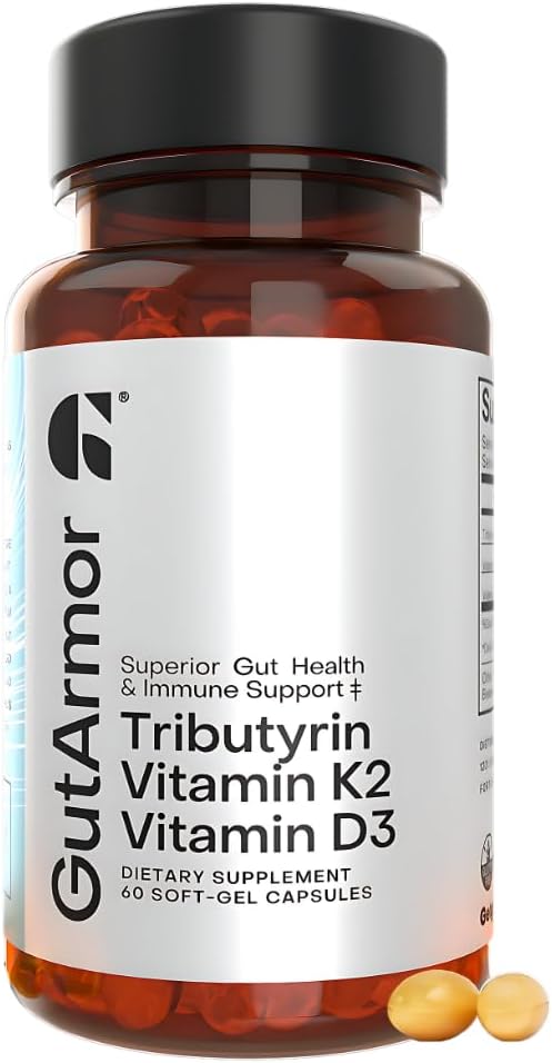 Gut &amp Heart Health + Immune Support | 2 Month Supply | 60 Soft Gel Capsules | Pure Butyrate 350mg &amp Vitamin D3 2000IUs &amp Vitamin K2 120mcg | Heart Health | Gastrointestinal Support