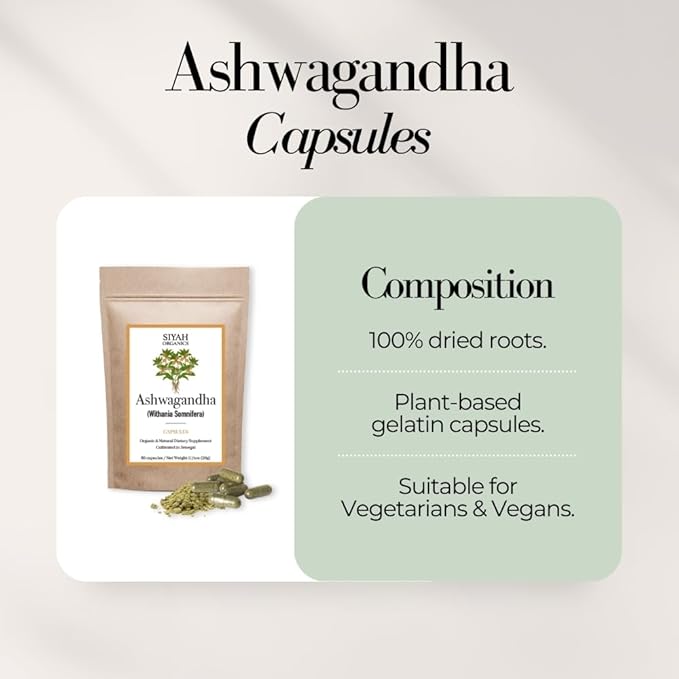 Ashwagandha Capsules - Stress Relief Sleep Aids &amp Focus for Women &amp Men - 100% Natural &amp Organic Vegan Herbal Tea - Handmade Herbal Supplement - 60 Capsules