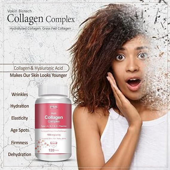Biotech Multi Collagen Complex Peptide with All 5 Types I II III V &amp X Supports Skin Hair Nails &amp Joints 120 Tablets
