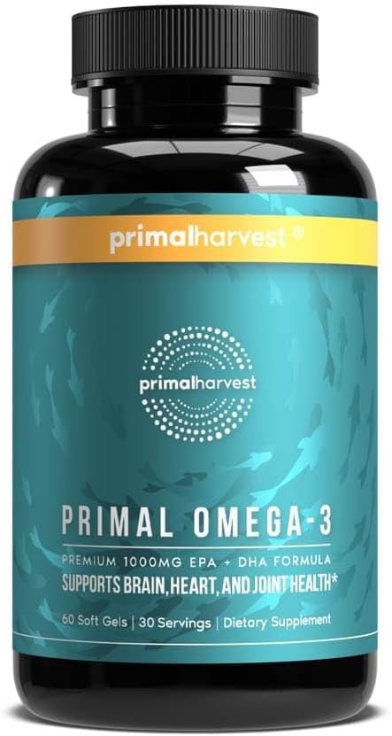 Primal Harvest Omega 3 Fish Oil Supplements 30 Servings Soft Gels Capsules w/ 1000mg EPA + DHA Supplements No Fishy Burps Non-GMO Omega 3 Fatty Acid