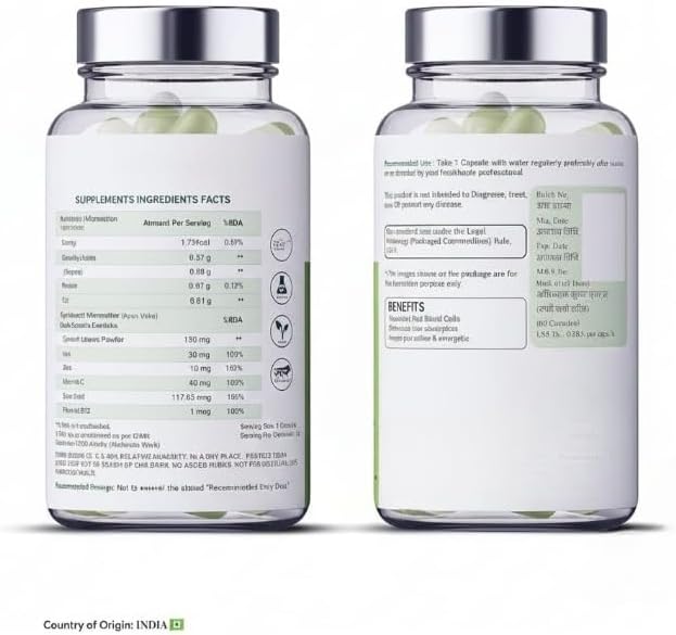 Iron + Folic Acid Supplement with Zinc Vitamin C &amp Vitamin B12 | 60 Veg Capsules | SupportsImmunity and Energy | Enhances Iron Absorption| for Both Men &amp Women