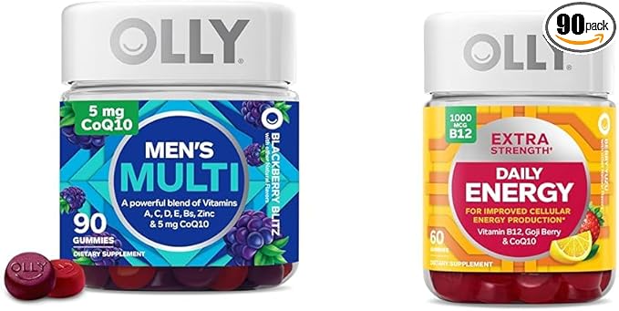 OLLY Men's Multivitamin Gummy Overall Health and Immune Support Vitamins A C D E B Lycopene &amp Extra Strength Daily Energy Gummy Caffeine Free 1000mcg Vitamin B12 CoQ10 Goji Berry