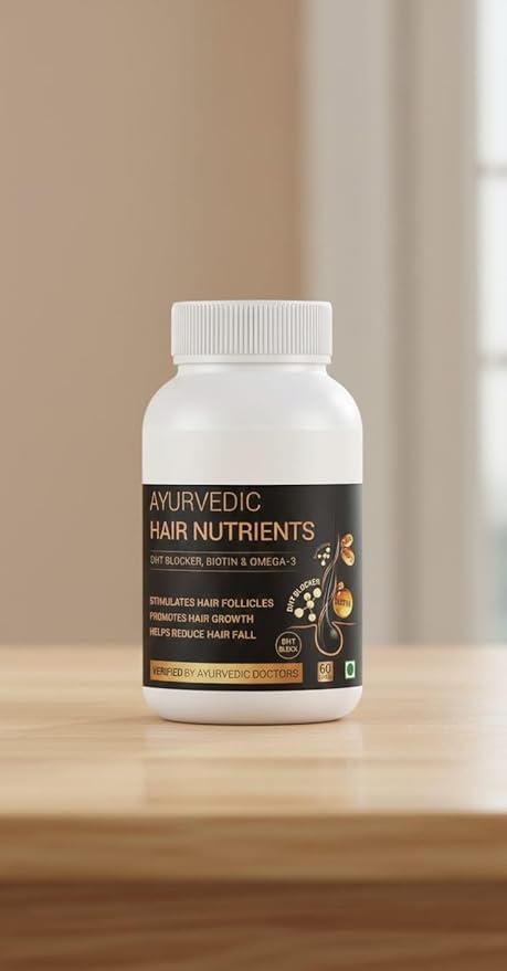 DHT Blocker Ayurvedic Hair Nutrients Vitamins - Plant Based Gluten Free | Biotin Omega-3 &amp Flaxseeds | Controls Hair Fall &amp Stimulates Follicles | 100% Veg | 60 Capsules