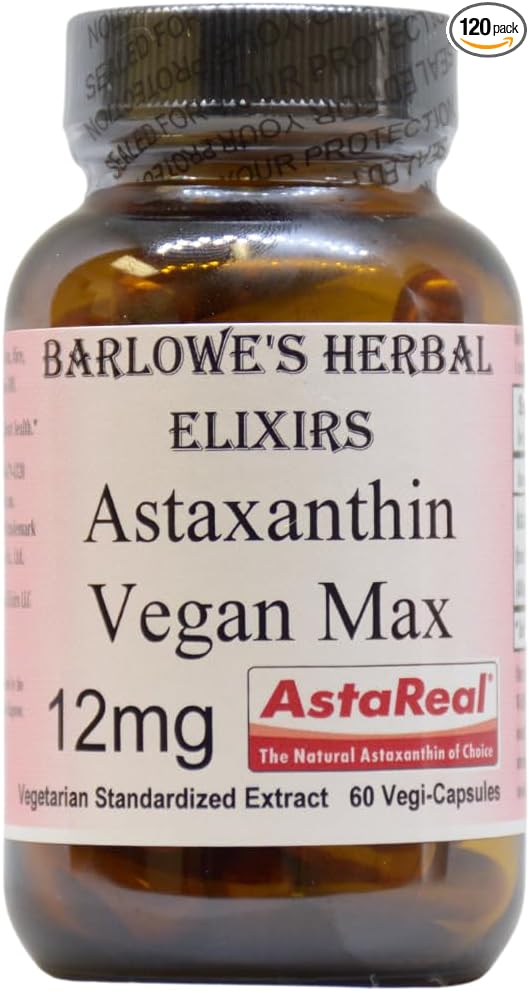 Barlowe's Herbal Elixirs Astaxanthin Supplements | AstaReal Astaxanthin Vegan Max 12mg | 60 Veggie Capsules | Astaxantina