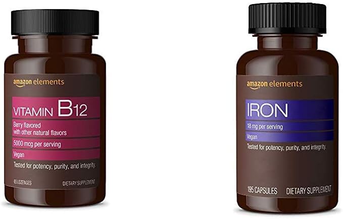 Amazon Elements Vitamin B12 Methylcobalamin 5000 mcg Berry Flavored Lozenges and Amazon Elements Iron 18mg Capsules
