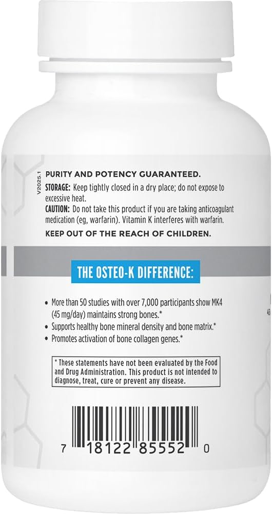 NBI Osteo-K Bone Support | Vitamin D &amp K Complex with Calcium Citrate Supplement | 45mg Vitamin K2 (MK4) for Strong Bone Health &amp Function | 180ct Veggie Capsules