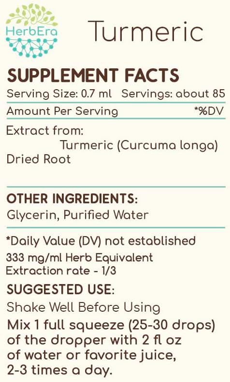 Turmeric B60 Alcohol-Free Herbal Extract Tincture Turmeric (Curcuma Longa) Dried Root (2 fl oz)