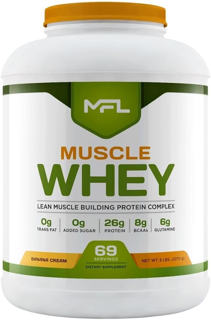 MFL Muscle Whey Protein 5 lbs l 26g of Protein l 8g BCAAs l 6g Glutamine l Low Carbs l 69 Servings (Banana Cream)