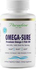 Paradise Herbs Omega-Sure Omega-3 Concentrate Premium Fish Oil DHA EPA Vegan Non GMO Gluten Free 60 Count Vegetarian Softgels