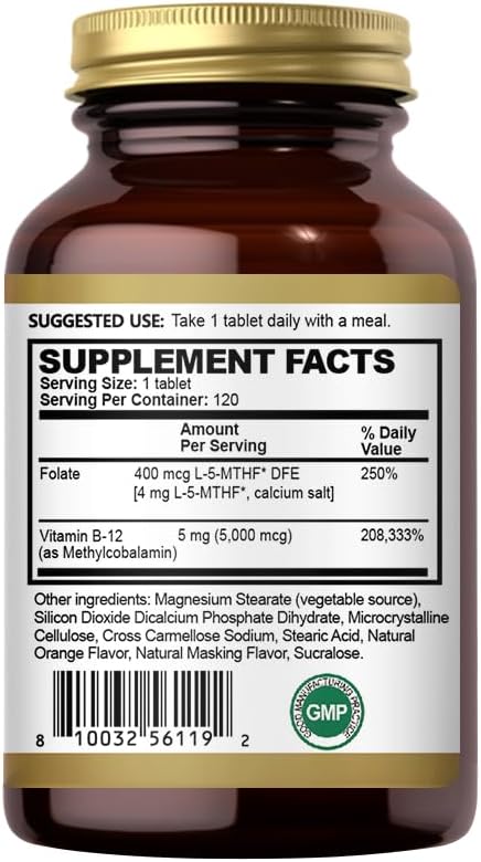 Methyl B-12 5000mcg Chewable with Folate - Vitamin B12 Methylcobalamin Sublingual Tablets - Supports Energy &amp Brain Function - Vegan Supplement - Orange Flavor - 120 Count
