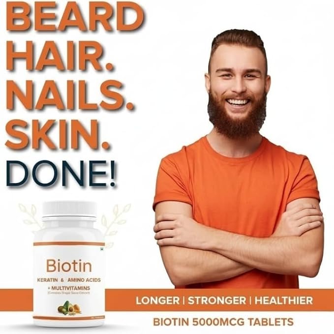 Beard Biotin- 100% Vegan 60 Tablets (Pack of 1) | Promotes Stronger &amp Thicker Beard Growth Powered with Vitamin A Vitamin E Vitamin B7 Keratin &amp Amino Acids