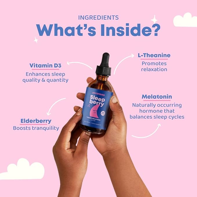 JoySpring SleepBerry - Kids Melatonin Liquid - 3MG Melatonin with D3 and Elderberry - Sugar-Free Liquid for Kids &amp Teens – Gentle Natural Sleep Support Formula (4 fl oz)