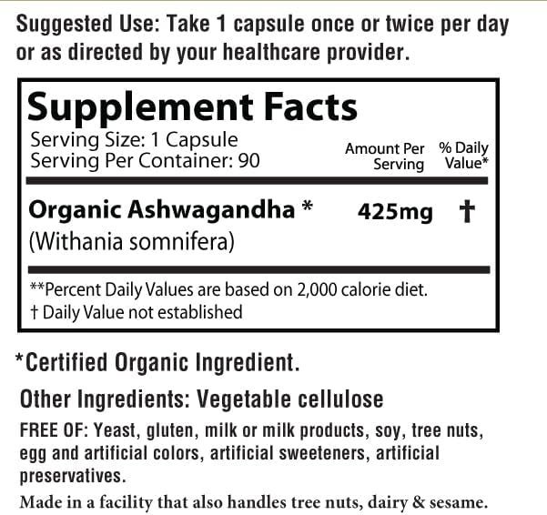 Komal Herbals Organic Ashwagandha Herbal Supplement - Whole Root Ayurvedic Botanical Formula USDA Organic and Kosher Certified Vegetarian Daily Supplement 500 mg Capsules for Wellness 90 Count