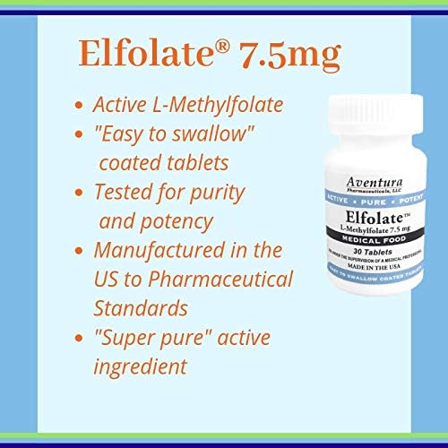 ELFOLATE® 7.5mg 3 Pack L-Methylfolate Methyl Folate Methylfolate Medical Food Supplement Professional Strength Active Pure Potent 30 Tablets