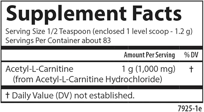Carlson - Acetyl L-Carnitine Powder Free-Form Amino Acid Cognitive Health Brain Function &amp Muscle Support 3.53 oz (100 g)