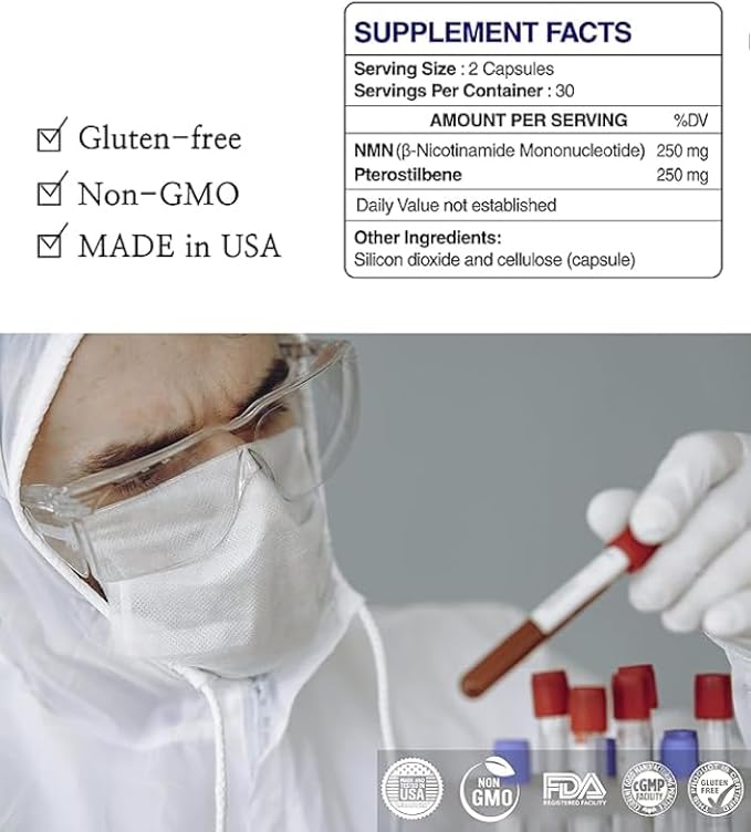 nmn Supplement Pure 99.9% NMN (60 Capsules 500mg) - 250mg NMN + 250mg Pterostilbene. 4X More Powerful Than Resveratrol Mix