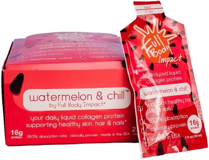 Liquid Collagen Protein Supplement 16000mg (16g) of Hydrolyzed Collagen Types I &amp III for Healthy Hair Skin Nails &amp Joints 1oz Packs (Box of 30) Sugar Free (Watermelon &amp Chill)