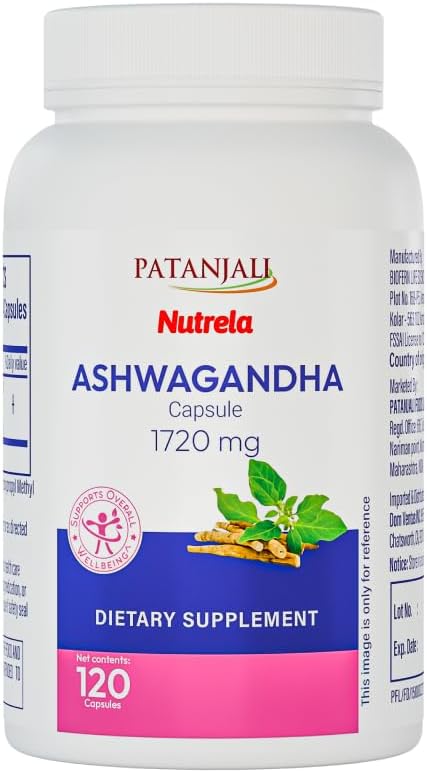patanjali Nutrela Ashwagandha 1720mg Capsules - Ayurvedic Stress Relief &amp Energy Support - Adaptogen for Mental Clarity &amp Relaxation - 120 Vegetarian Capsules
