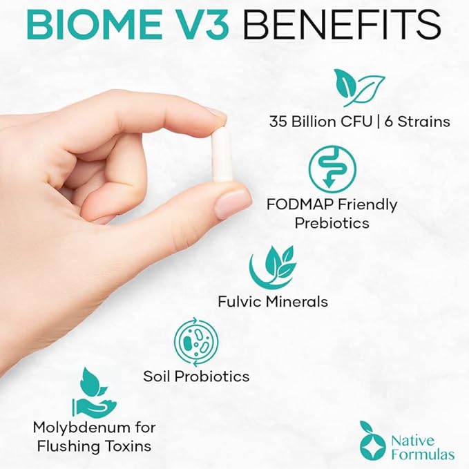 Native Formulas Biome V3 Probiotic Prebiotic &amp Fulvic Minerals Supplements - 35 Billion CFU - 6 Strains - 120 Vegan Capsules - Women &amp Men - FODMAP Friendly Supports Digestive Immune &amp