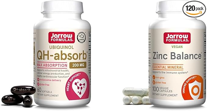 Jarrow Formulas QH-Absorb 200 mg-High Absorption Co-Q10-Active Antioxidant Form 60 Servings &amp Zinc Balance 15 mg-100 Servings -Includes Copper-Essential Mineral for Immune System Support