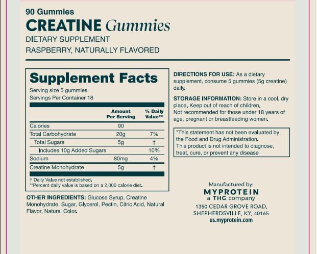 Myprotein Creatine Gummies 5g Creatine Monohydrate per Serving Raspberry 90 Count 18 Servings Chewable Post/Pre Workout Strength &amp Recovery Sports Nutrition Supplement Vegan Non-GMO