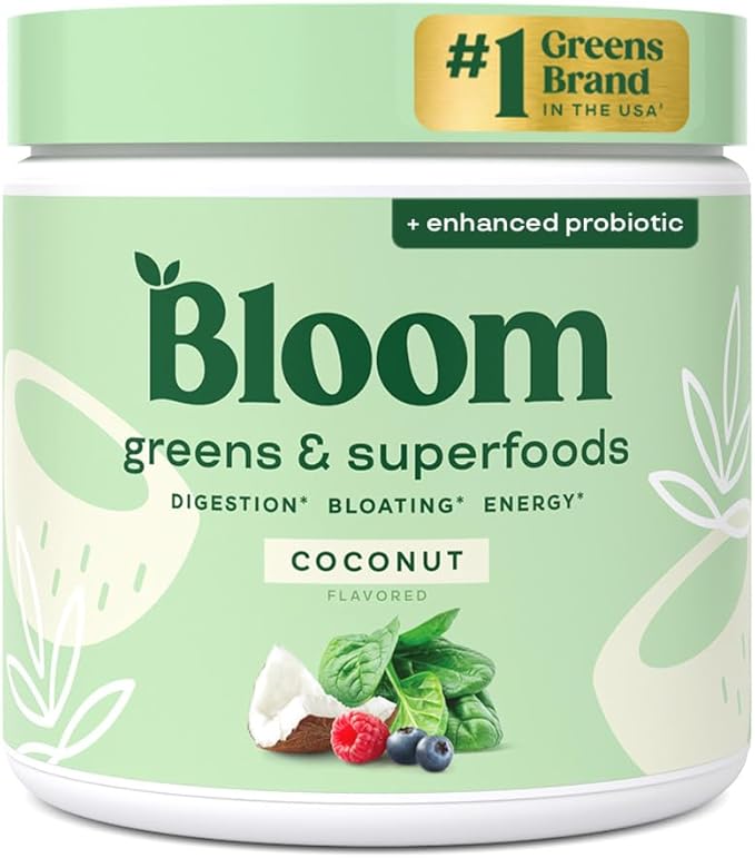Bloom Nutrition Superfood Greens Powder Digestive Enzymes with Probiotics and Prebiotics Gut Health Bloating Relief for Women Chlorella Green Juice Mix with Beet Root Powder 30 SVG Coconut