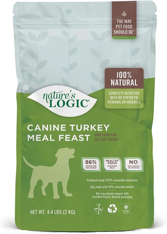 NATURE'S LOGIC Dry Dog Food - 100% Natural - No Synthetics - for All Ages Sizes Breeds - Free from Common Allergens High Protein - Turkey Meal Feast 4.4lbs