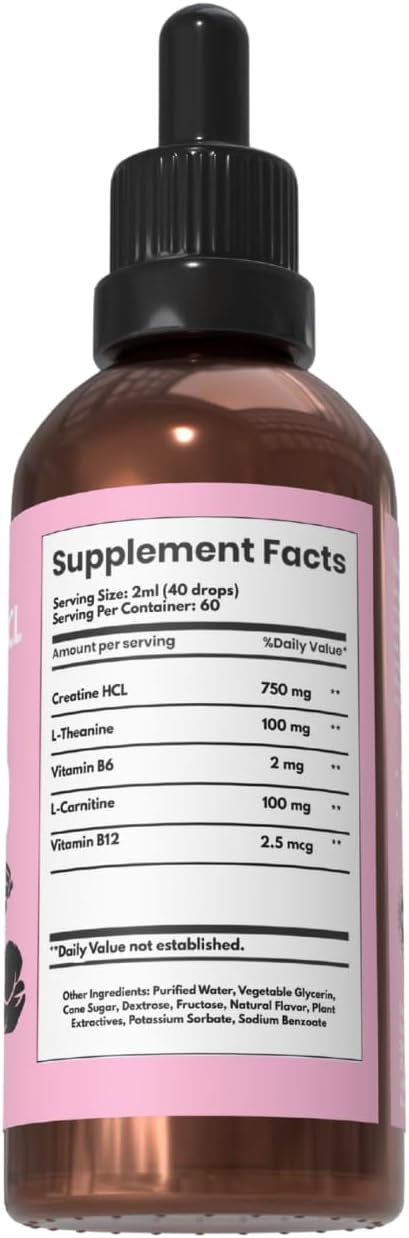 Creatine HCL Liquid Drops for Men &amp Women - 2ml Per Serving L-Theanine Vitamin B12 &amp B6 L-Carnitine - High Absorption 4 Fl Oz (120ml) (4 FL OZ Cotton Candy)