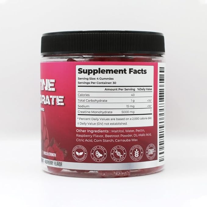 Neybio Creatine Monohydrate Gummies - 5000mg Creatine Raspberry Flavor 120 Count - Vegan Sugar-Free Boosts Performance &amp Recovery