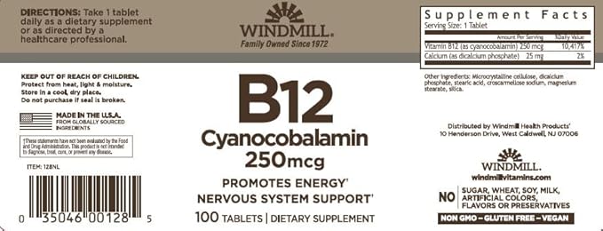 Windmill Vitamin B-12 250 mcg Tablets 100 Tablets (Pack of 11)