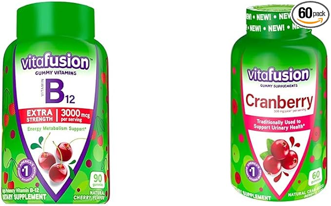 Vitafusion Extra Strength Vitamin B12 Gummy Vitamins Cherry Flavored 90 Count and Cranberry Gummies for Women 60 Count