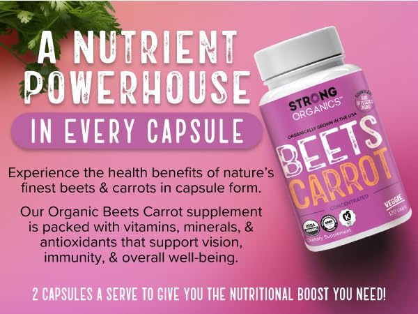 Beet &amp Carrot Juice Caps - USA Grown Organic Raw Cold Pressed for Eye Skin &amp Heart Health – Vegan Non GMO 120Ct