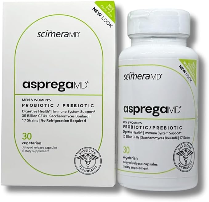 ScimeraMD® Asprega Probiotic + Prebiotic Supplement for Digestive Health and Immune System Support 35 Billion CFUs 30 CT