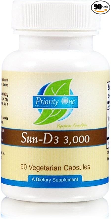 Priority One Vitamins Sun D3 3000 90 Vegetarian Capsules - The Most bioavailable Form of Vitamin D (cholecalciferol).*