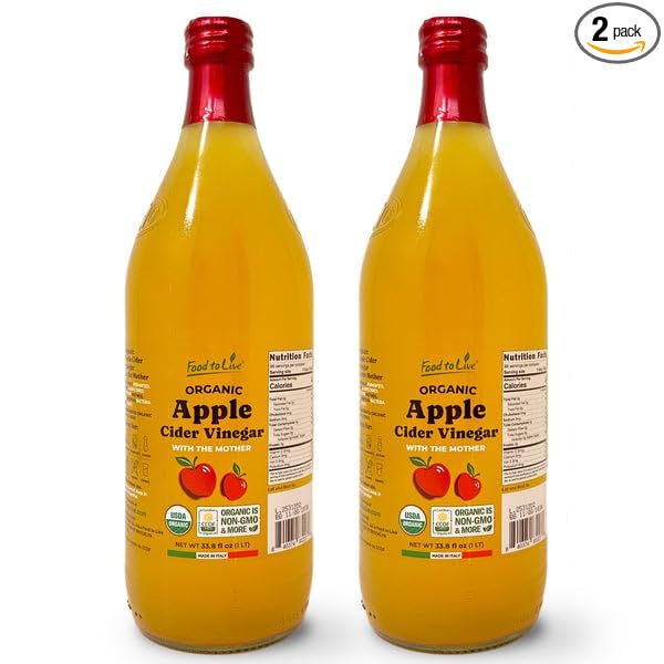 Food To Live Organic Apple Cider Vinegar 1 L – Raw Italian Natural Vinegar with the Mother Unfiltered Unpasteurized Non-GMO Vegan Glass Bottle (Pack of 2)