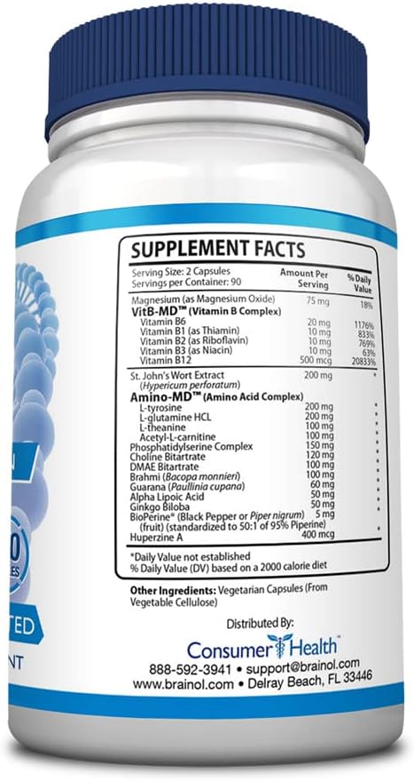 Brainol - The Smartest Choice For A Brain Boosting Nootropic - Enhance Mental Performance Focus and Clarity - With DMAE Huperzine A BioPerine - Vegan-Friendly - 180 Capsules - 3 Month Supply