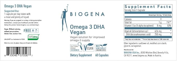 Biogena Omega 3 DHA Vegan: Plant Based Supplement from Algae Oil for Improved Omega-3 Supply (60 Capsules – one a Day)