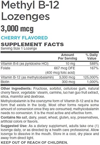 Methyl B-12 3000mcg w/Folic Acid Biotin and B-6 Lozenges (100 Lozenges)
