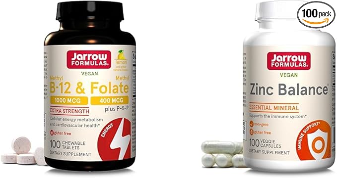 Jarrow Formulas Methyl B-12 1000 mcg &amp Methyl Folate 400 mcg Chewable Tablets and Zinc Balance 15 mg 100 Veggie Capsules
