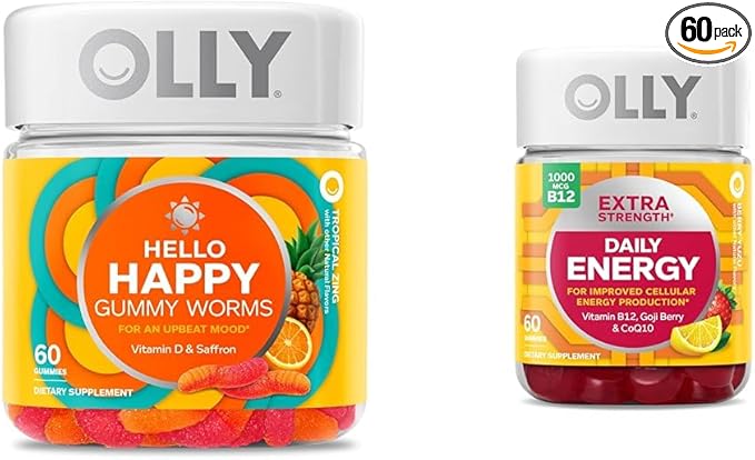 OLLY Hello Happy Gummy Worms Mood Balance Support Vitamin D Saffron Adult Chewable Supplement &amp Extra Strength Daily Energy Gummy Caffeine Free 1000mcg Vitamin B12 CoQ10 Goji Berry