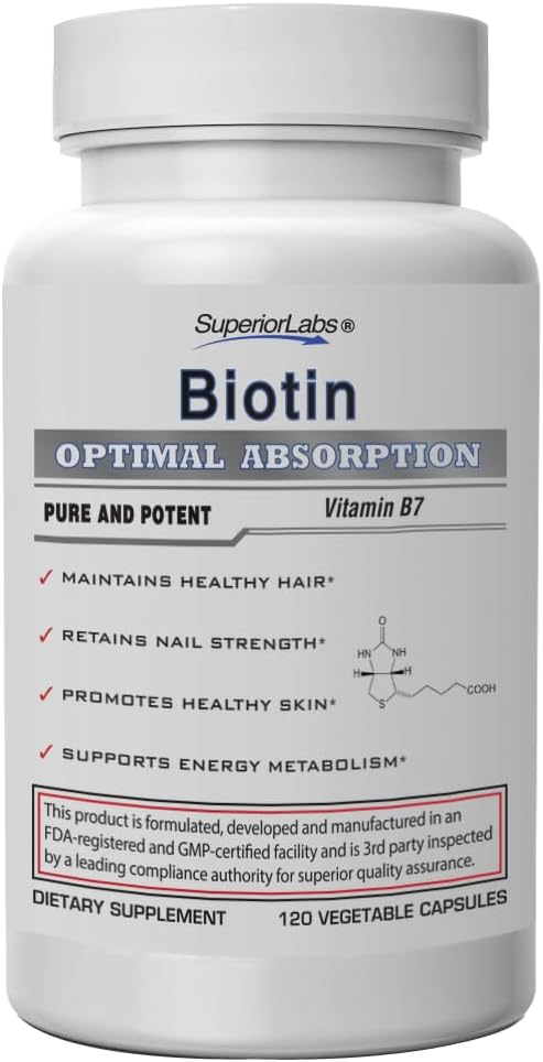 Superior Labs – Best Natural Biotin NonGMO Supplement – for Luscious Longer Hair and Lashes – Stronger Nails – Healthy Skin – Energy Booster – Healthy Weight - 5000 mcg 120 Vegetable Caps