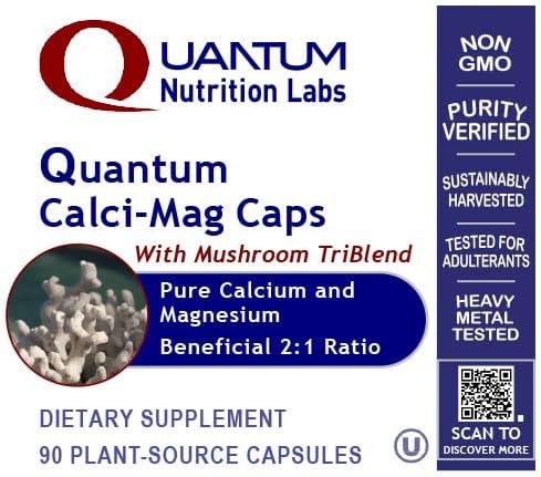 Quantum Nutrition Labs Calci-Mag Caps - Calcium Magnesium Supplement Calcium Supplement Pure Magnesium &amp Mushroom Complex with Reishi &amp Lions Mane - 90 Vegetarian Capsules