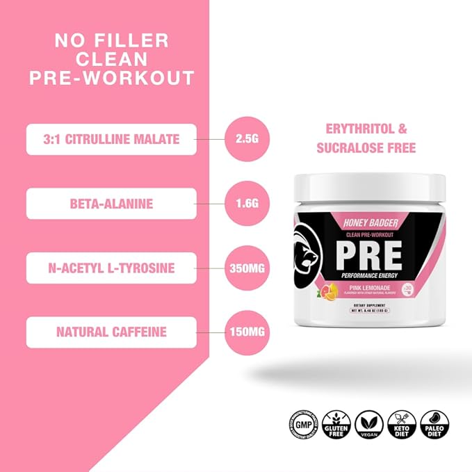 Honey Badger Pre Workout Powder Keto Vegan Preworkout for Men &amp Women Beta Alanine &amp Caffeine Sugar Free Natural Energy Supplement Pink Lemonade 30 Servings