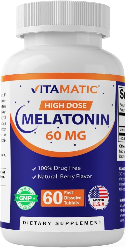Vitamatic Melatonin 60 mg Fast Dissolve Tablets - 60 Vegan Natural Berry Flavor Tablets - Non-Habit Forming - Non-GMO Gluten Free (1 Bottle)