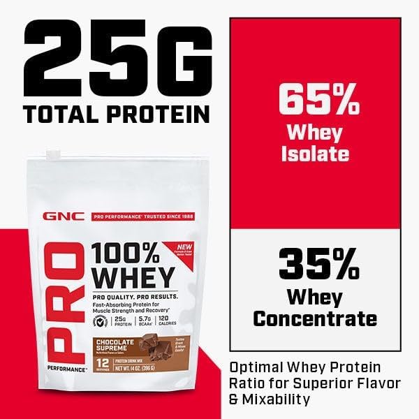 GNC Pro Performance 100% Whey Protein Powder 2.0 Fast Absorbing for Muscle Strength and Recovery Vanilla 12 Servings