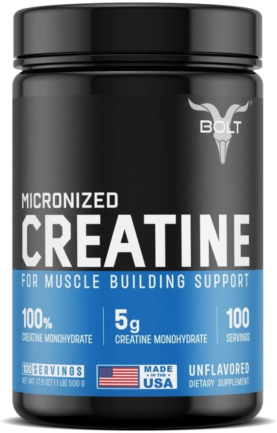 Bolt Micronized Creatine Monohydrate Powder | 5g per Serving | Unflavoured | Enhances Strength Power &amp Lean Muscle |100 Servings