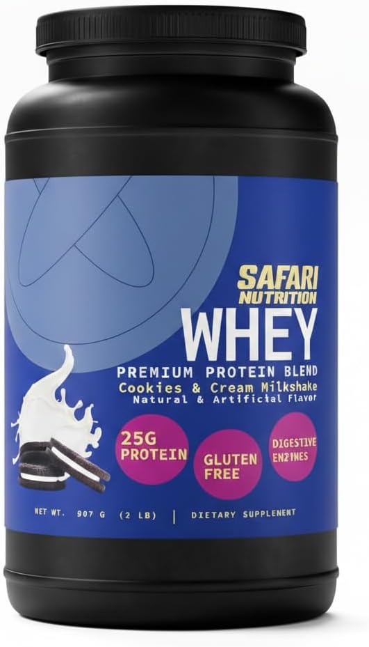 Safari Nu 100% Whey Premium Protein Powder Cookies and Cream - 2 LB Tub 25G of Protein - Concentrate &amp Isolate Whey Protein Blend - 12g BCAAs