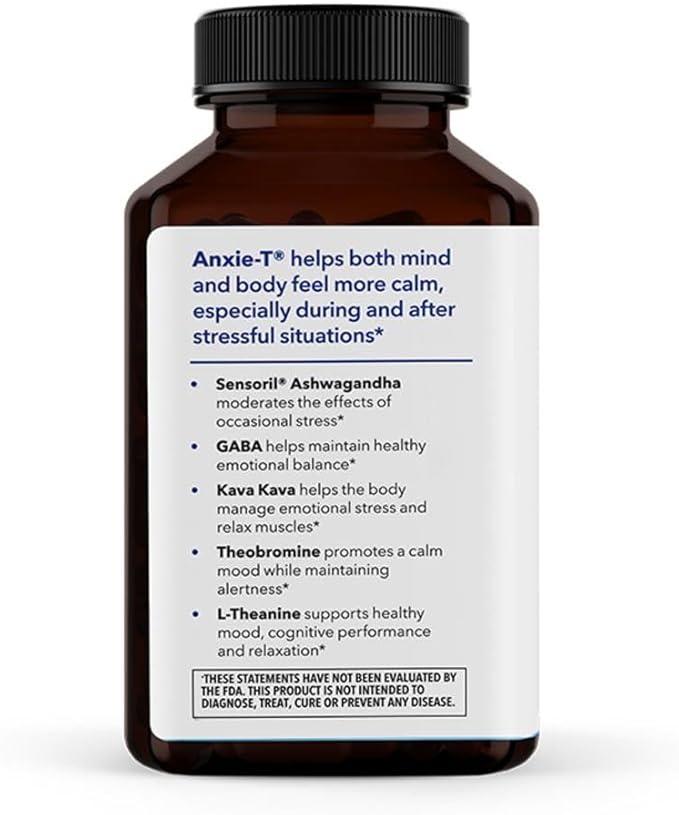 Anxie-T - Stress Relief Supplement - Supports Mood &amp Mental Focus - Feel Calm and Relaxed - Eases Tension &amp Nervousness - Ashwagandha Kava Kava GABA &amp L-Theanine - 120 Capsules